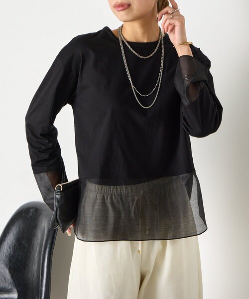 Jena espace merveilleux（ジェナ　エスパスメルヴェイユ）の「【ご好評の為再入荷！】裾袖口切替シアーカットソー（Tシャツ/カットソー・レディース・オフホワイト/ブラック/ベージュ/ブルー系その他・FREE）」の3枚目の写真