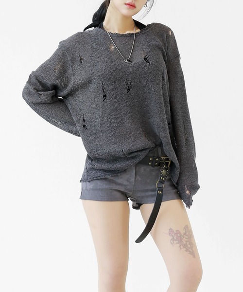 minsobi（ミンソビ）の「ダメージ加工ロングスリーブニット（ニット/セーター・メンズ・ブラック/ホワイト/ダークグレー/ベージュ・FREE）」の4枚目の写真