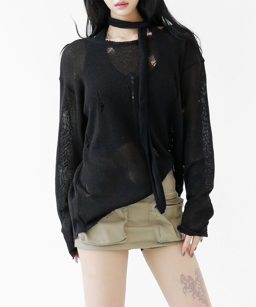 minsobi（ミンソビ）の「ダメージ加工ロングスリーブニット（ニット/セーター・メンズ・ブラック/ホワイト/ダークグレー/ベージュ・FREE）」の3枚目の写真