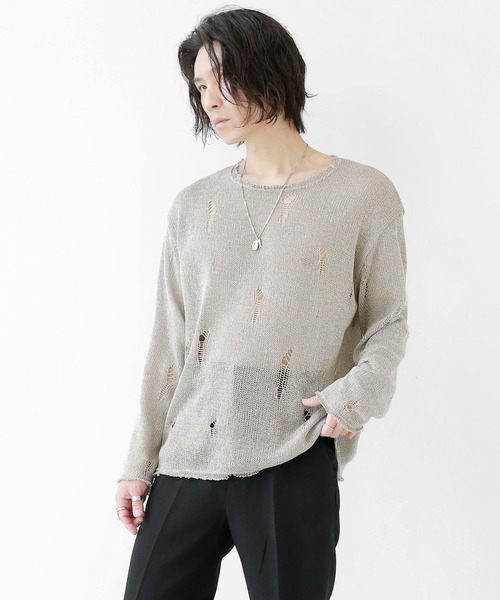 minsobi（ミンソビ）の「ダメージ加工ロングスリーブニット（ニット/セーター・メンズ・ブラック/ホワイト/ダークグレー/ベージュ・FREE）」の9枚目の写真