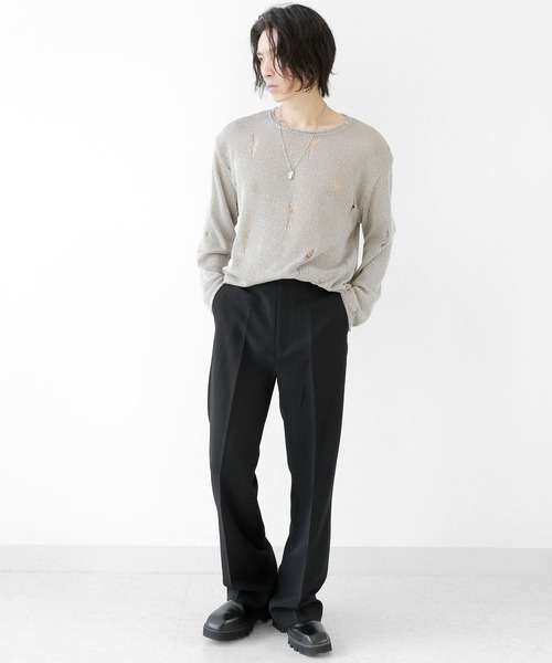 minsobi（ミンソビ）の「ダメージ加工ロングスリーブニット（ニット/セーター・メンズ・ブラック/ホワイト/ダークグレー/ベージュ・FREE）」の13枚目の写真