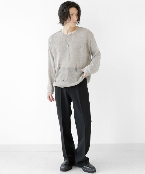 minsobi（ミンソビ）の「ダメージ加工ロングスリーブニット（ニット/セーター・メンズ・ブラック/ホワイト/ダークグレー/ベージュ・FREE）」の11枚目の写真