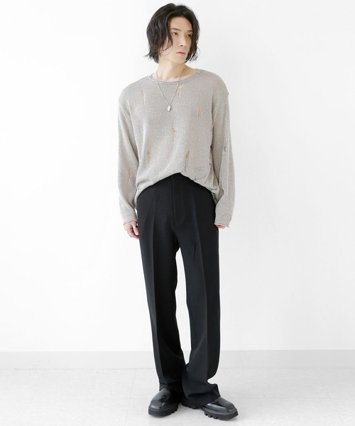 minsobi（ミンソビ）の「ダメージ加工ロングスリーブニット（ニット/セーター・メンズ・ブラック/ホワイト/ダークグレー/ベージュ・FREE）」の12枚目の写真