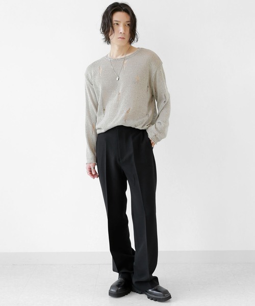 minsobi（ミンソビ）の「ダメージ加工ロングスリーブニット（ニット/セーター・メンズ・ブラック/ホワイト/ダークグレー/ベージュ・FREE）」の10枚目の写真