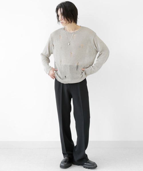 minsobi（ミンソビ）の「ダメージ加工ロングスリーブニット（ニット/セーター・メンズ・ブラック/ホワイト/ダークグレー/ベージュ・FREE）」の14枚目の写真