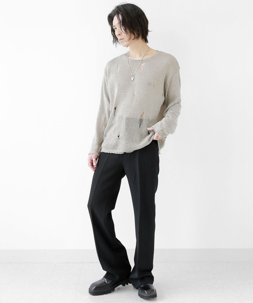 minsobi（ミンソビ）の「ダメージ加工ロングスリーブニット（ニット/セーター・メンズ・ブラック/ホワイト/ダークグレー/ベージュ・FREE）」の15枚目の写真
