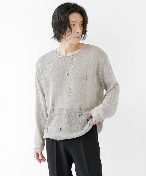 minsobi（ミンソビ）の「ダメージ加工ロングスリーブニット（ニット/セーター・メンズ・ブラック/ホワイト/ダークグレー/ベージュ・FREE）」の8枚目の写真