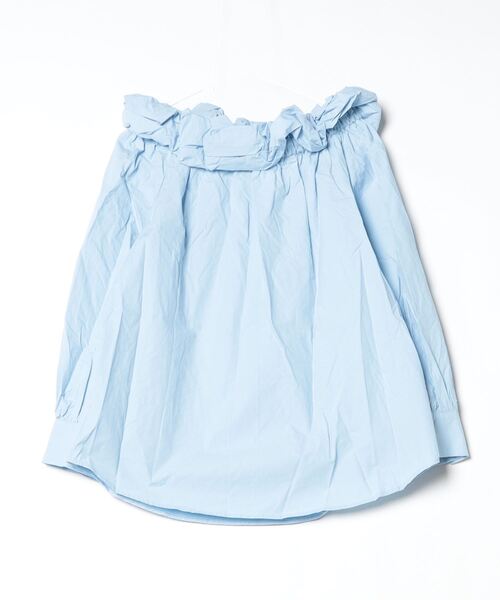 新品タグ付き♡Pheeta コットン刺繍ブラウス ギャザー フリル　ブルー セール】ギャザーフリルコットンブラウス（シャツ/ブラウス