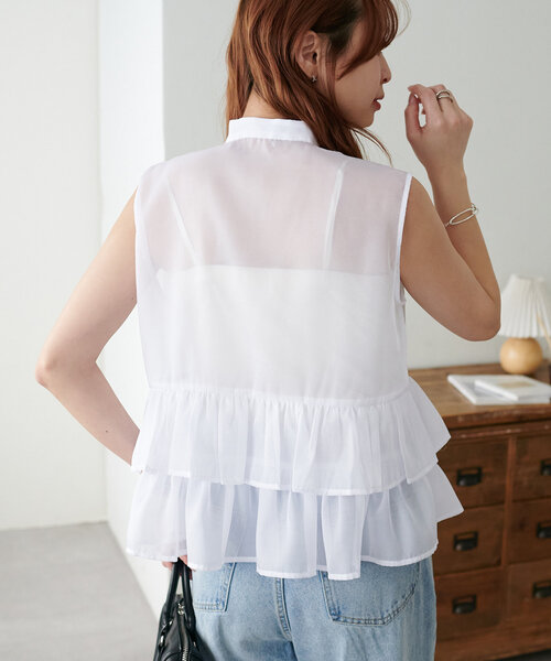 ノースリーブラメブラウス セール 30%OFF】コットンラメフラワー スタンドネック