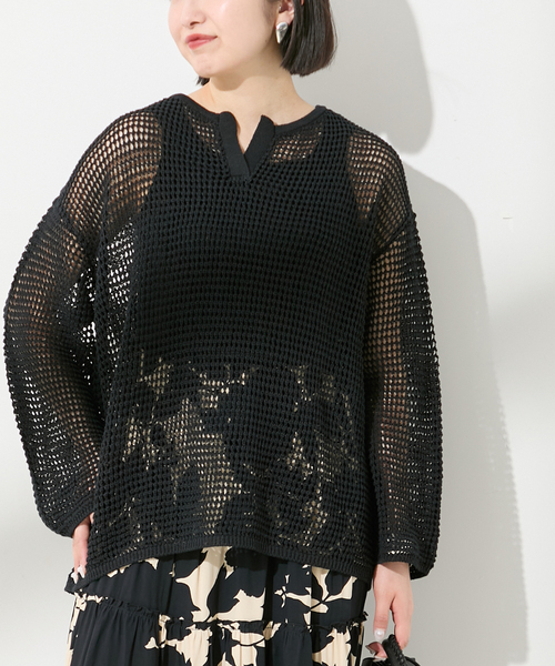 journal standard L'essage（ジャーナルスタンダードレサージュ）の「メッシュアミプルオーバー（ニット/セーター・レディース・ブラック/アイボリー/ライトグリーン・FREE）」の3枚目の写真