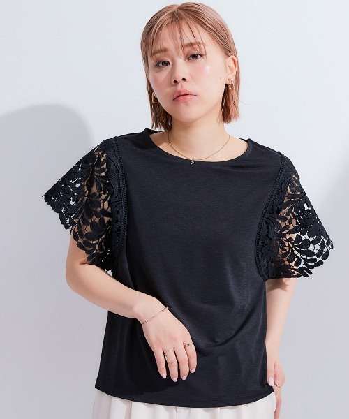 Petitjo（プッチージョ）の「小さいサイズ　袖レースカットソートップス　低身長さん・小柄女性（Tシャツ/カットソー・レディース・オフホワイト/ブラック・PS/PM/PL/PSS）」の2枚目の写真