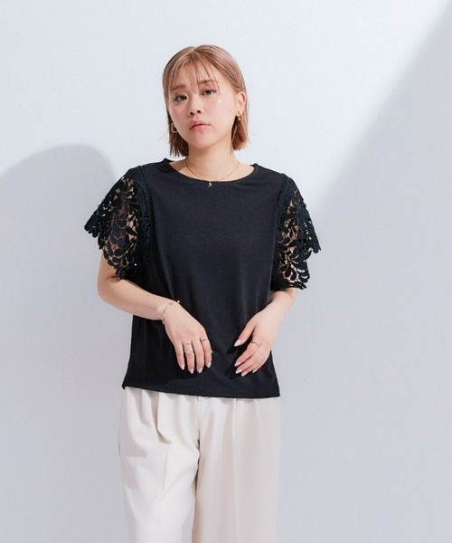 袖レースTシャツ 大人の可愛さを引き出す お袖レーストップス（カットソー