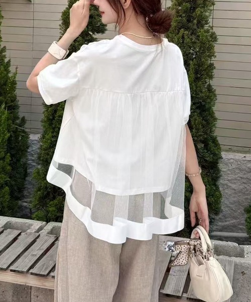 Lace Ladies(レースレディース)の「チュール レイヤード クルーネック 半袖 Tシャツ(Tシャツ/カットソー・レディース・ブラック/グレー/ホワイト・FREE)」の1枚目の写真