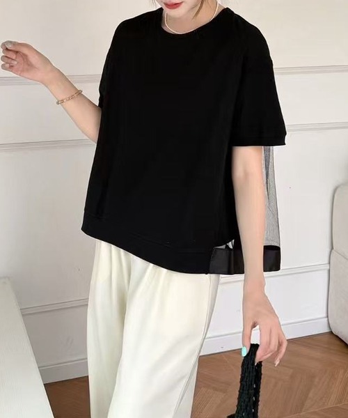 Lace Ladies(レースレディース)の「チュール レイヤード クルーネック 半袖 Tシャツ(Tシャツ/カットソー・レディース・ブラック/グレー/ホワイト・FREE)」の2枚目の写真