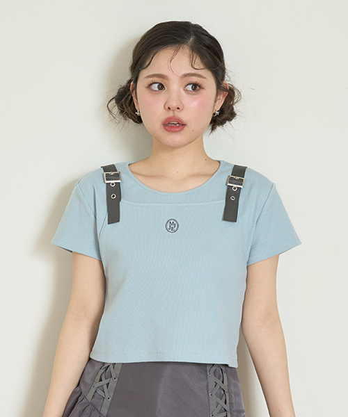 Mi-je(ミジェ)の「ビスチェレイヤード風半袖テレコ【韓国ファッション】(Tシャツ/カットソー・レディース・ライトブルー/アイボリー・F)」の2枚目の写真