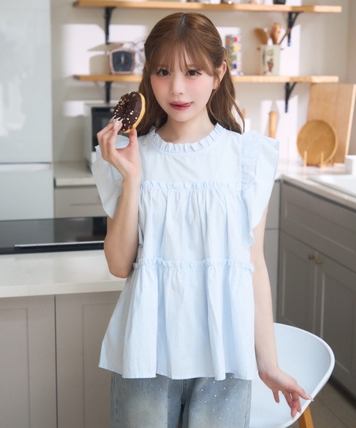 TITTY&CO.（ティティーアンドコー）の「ノースリーブフリルブラウス（シャツ/ブラウス・レディース・その他/ブルー/ホワイト・FREE）」の3枚目の写真