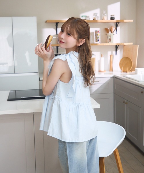 「mipiarl」 ノースリーブブラウス SMALL ブラック レディース mipiarl ブラウス シャツ ノースリーブボウタイワッシャーシアー
