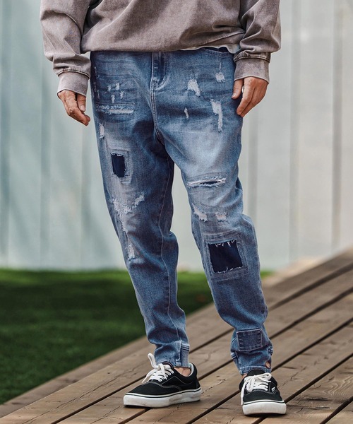 セール】mp13800- Ribbed Back And Used Denim Pants デニムパンツ