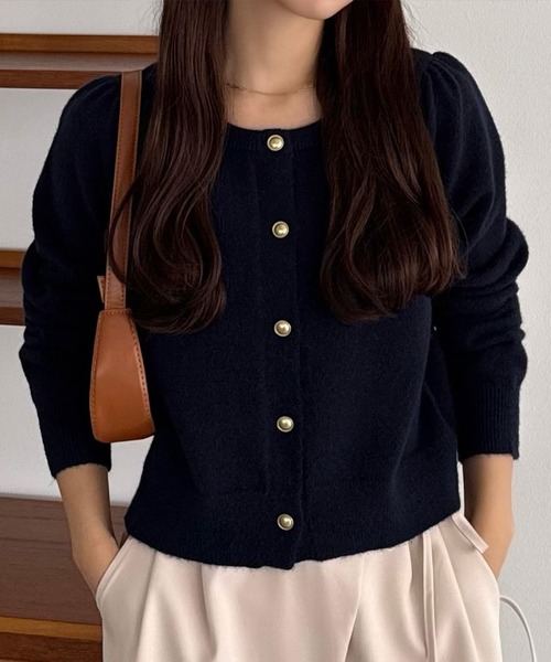 セール】金ボタンパフスリーブショートニットカーディガン