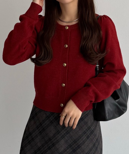セール】金ボタンパフスリーブショートニットカーディガン