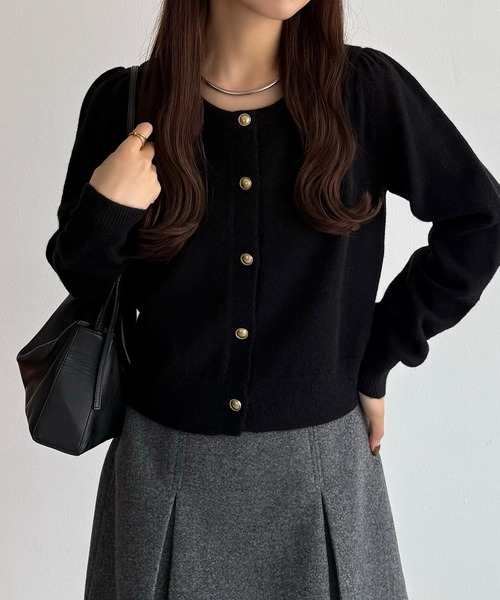 セール】金ボタンパフスリーブショートニットカーディガン