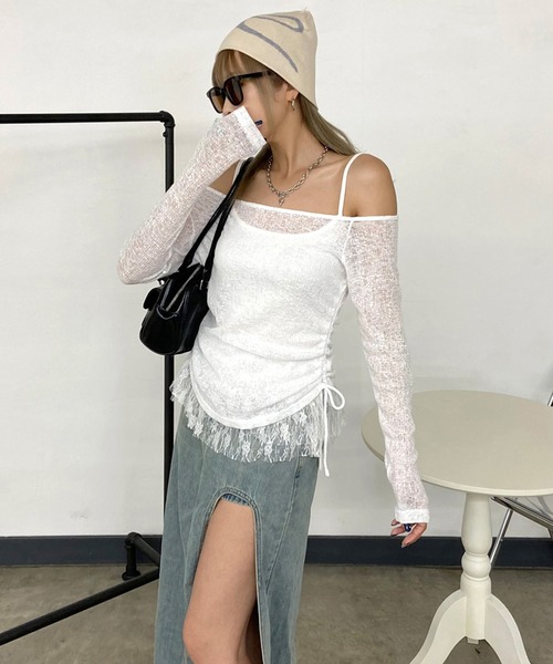 non-hedge(ノンヘッジ)の「裾レースタンクトップシアートップスセット(Tシャツ/カットソー・レディース・モカ/オフホワイト/グレー/ブラック・FREE)」の5枚目の写真