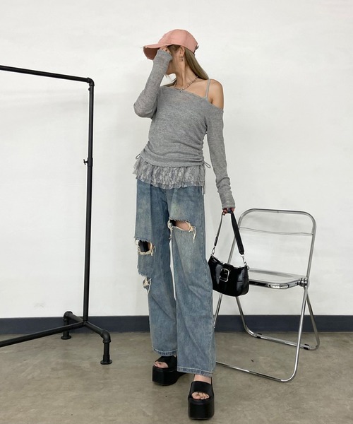 non-hedge(ノンヘッジ)の「裾レースタンクトップシアートップスセット(Tシャツ/カットソー・レディース・モカ/オフホワイト/グレー/ブラック・FREE)」の10枚目の写真