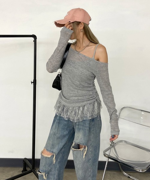 non-hedge(ノンヘッジ)の「裾レースタンクトップシアートップスセット(Tシャツ/カットソー・レディース・モカ/オフホワイト/グレー/ブラック・FREE)」の11枚目の写真