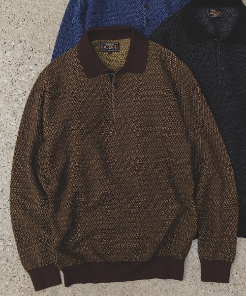 BEAMS PLUS（ビームスプラス）の「ダイヤモンド パターン ニット ポロシャツ（ポロシャツ・メンズ・ブルー/ブラック/ブラウン・S/M/L/XL）」の3枚目の写真