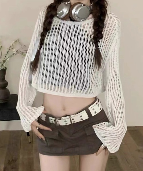 shopnikoniko(ショップニコニコ)の「透かし編み サマーニット ワンショルダー トップス(ニット/セーター・レディース・ホワイト/ベージュ/ブラック・フリー)」の2枚目の写真