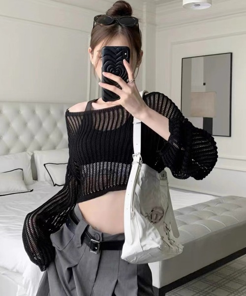 shopnikoniko(ショップニコニコ)の「透かし編み サマーニット ワンショルダー トップス(ニット/セーター・レディース・ホワイト/ベージュ/ブラック・フリー)」の7枚目の写真