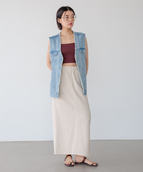 BAYFLOW（ベイフロー）の「ワッフルナロースカート（スカート・レディース・アイボリー/チャコール/グリーン・FREE）」の5枚目の写真