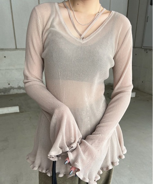 SHEER FRILL V NECK KNIT TOP（ニット/セーター）｜Ameri