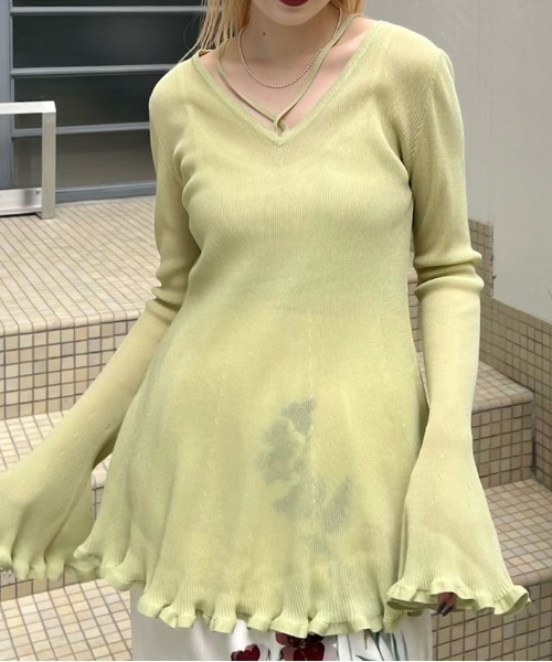 SHEER FRILL V NECK KNIT TOP（ニット/セーター）｜Ameri
