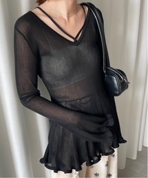 Ameri(A)SHEER FRILL V NECK KNIT TOP(jbg/Z[^[)
