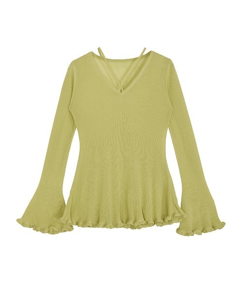 SHEER FRILL V NECK KNIT TOP（ニット/セーター）｜Ameri