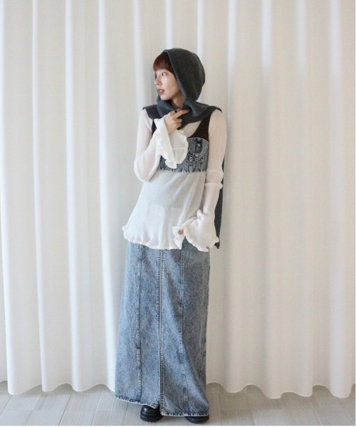 SHEER FRILL V NECK KNIT TOP（ニット/セーター）｜Ameri