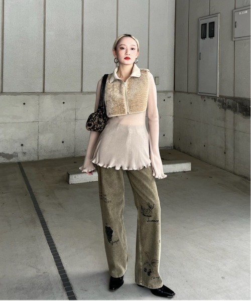 SHEER FRILL V NECK KNIT TOP（ニット/セーター）｜Ameri