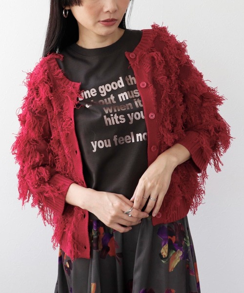 Three Four Time（ｽﾘｰﾌｫｰﾀｲﾑ）の「フリンジカットジャガード2WAY7分袖カーディガン（カーディガン/ボレロ・レディース・ピンク/ホワイト・FREE）」の2枚目の写真