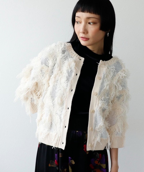 Three Four Time（ｽﾘｰﾌｫｰﾀｲﾑ）の「フリンジカットジャガード2WAY7分袖カーディガン（カーディガン/ボレロ・レディース・ピンク/ホワイト・FREE）」の11枚目の写真