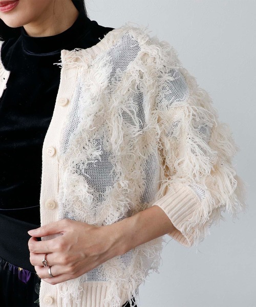 Three Four Time（ｽﾘｰﾌｫｰﾀｲﾑ）の「フリンジカットジャガード2WAY7分袖カーディガン（カーディガン/ボレロ・レディース・ピンク/ホワイト・FREE）」の5枚目の写真