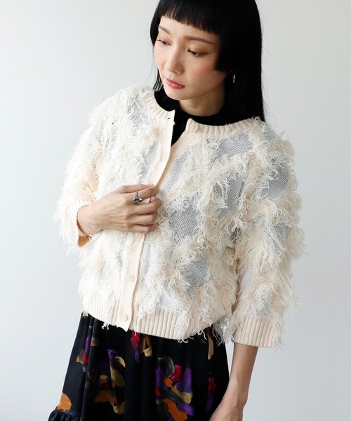 Three Four Time（ｽﾘｰﾌｫｰﾀｲﾑ）の「フリンジカットジャガード2WAY7分袖カーディガン（カーディガン/ボレロ・レディース・ピンク/ホワイト・FREE）」の20枚目の写真