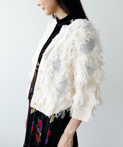 Three Four Time（ｽﾘｰﾌｫｰﾀｲﾑ）の「フリンジカットジャガード2WAY7分袖カーディガン（カーディガン/ボレロ・レディース・ピンク/ホワイト・FREE）」の3枚目の写真