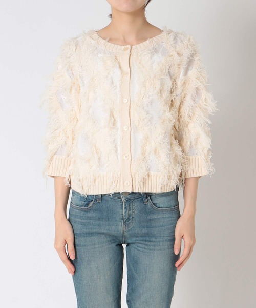 Three Four Time（ｽﾘｰﾌｫｰﾀｲﾑ）の「フリンジカットジャガード2WAY7分袖カーディガン（カーディガン/ボレロ・レディース・ピンク/ホワイト・FREE）」の12枚目の写真