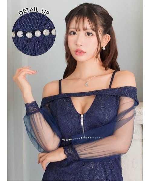 darial(ダリアル)の「グリッター レース オフショル ジップビジュー マーメイド ミニドレス(ドレス・レディース・ネイビー・S/M/L)」の3枚目の写真