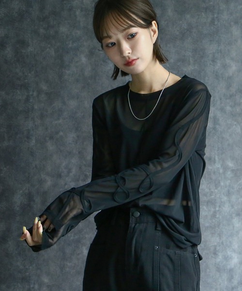any day(エニーデイ)の「コード刺繍シアーロンT(Tシャツ/カットソー・レディース・ブラック・F)」の1枚目の写真