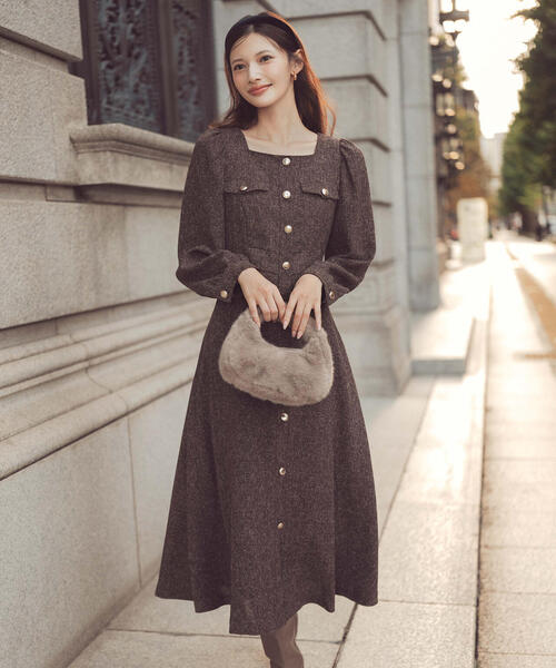 PROPORTION BODY DRESSING（プロポーションボディドレッシング）の「【青島心さん着用】フロント釦ツイードワンピース / 1215240014（ワンピース・レディース・ブラウン/グレー/ブラック・SMALL/P/S/MEDIUM）」の3枚目の写真