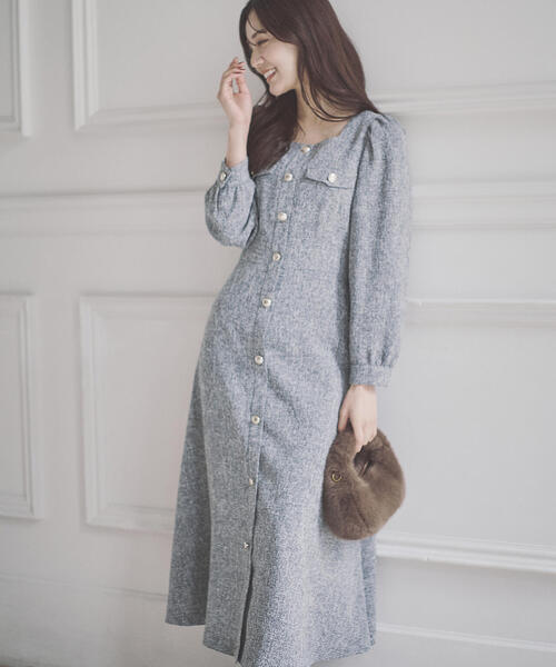 青島心さん着用】フロント釦ツイードワンピース / 1215240014