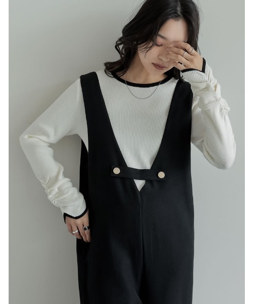 Re:EDIT（リエディ）の「[保湿][静電気防止]無地or配色クルーネック袖シャーリングリブニットトップス（ニット/セーター・レディース・ブラック/アイボリー/グレー系その他/ブラウン系その他/グレー/ブラック系その他/ピンク/ホワイト系その他/イエロー/グレー系その他2・MEDIUM/LARGE）」の2枚目の写真