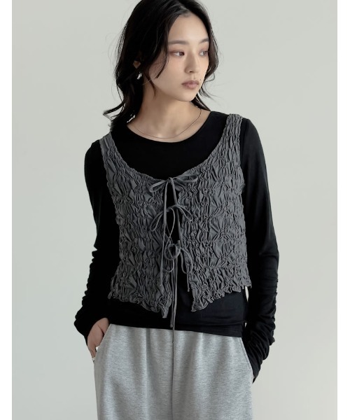 Re:EDIT（リエディ）の「[保湿][静電気防止]無地or配色クルーネック袖シャーリングリブニットトップス（ニット/セーター・レディース・ブラック/アイボリー/グレー系その他/ブラウン系その他/グレー/ブラック系その他/ピンク/ホワイト系その他/イエロー/グレー系その他2・MEDIUM/LARGE）」の14枚目の写真